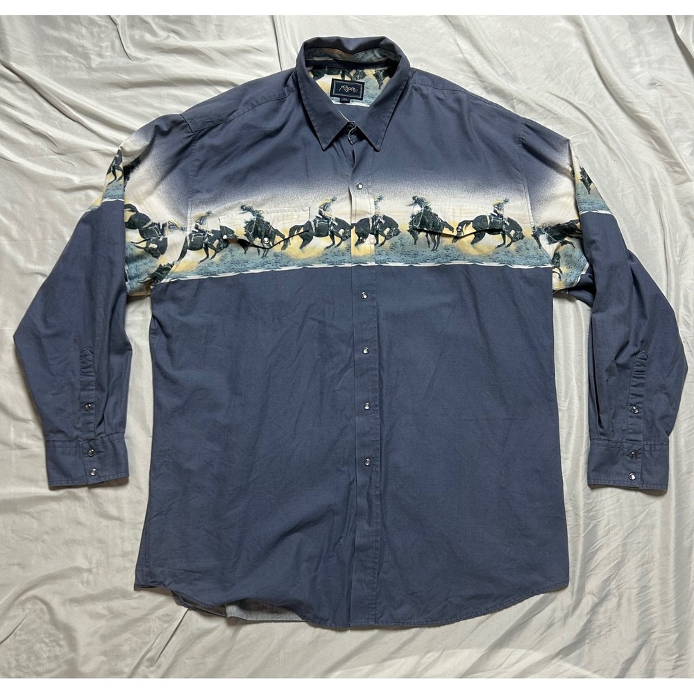 Roper Mens XXL VTG Western Pearl Snap Shirt Blue Grey Rodeo Bronc Rider Graphic